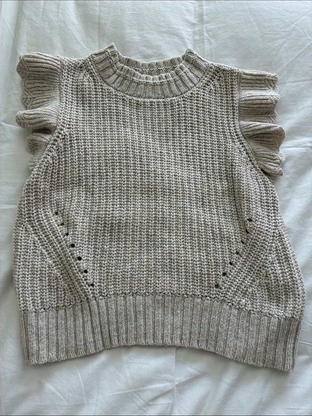 Universal Thread Ruffle-Sleeve Knit Crewneck Sweater Vest in Light Taupe
